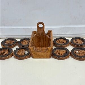Set/8 Wooden Coaster Set with Holder Jigsaw Coasters With Animal Designs in Wood